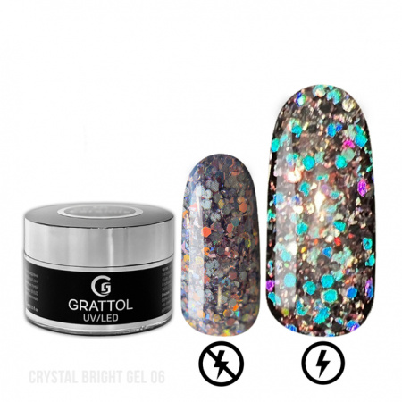 Гель GRATTOL со светоотражающим глиттером Crystal Bright №6, 15 мл.